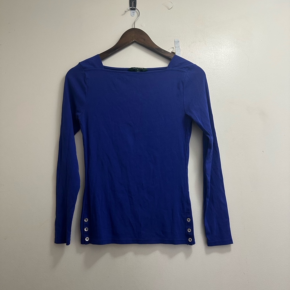 Lauren Ralph Lauren Square Neck Blue Long sleeve Top button on the bottom Size S